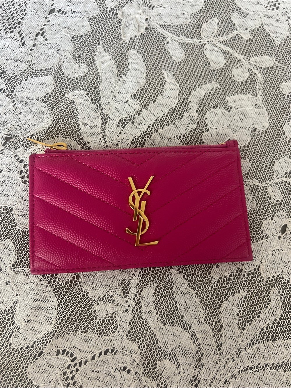 Authentic Saint Laurent Fuchsia Chevron Zip Card Case with Gold YSL